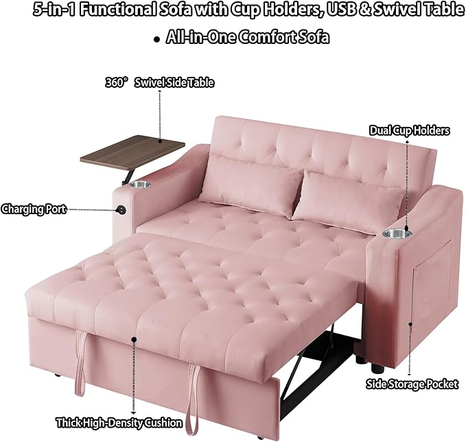 53'' Convertible Sleeper Sofa Bed with Adjustable Backrest, Chaise Lounge, Side Table & Two Pillows – Stylish & Functional Addition to Any Living Room (Modern Pink)
