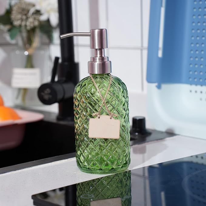 16 oz Diamond Pattern Glass Soap Dispenser, Kitchen and Bathroom Refillable Soap Dispenser with Rust Resistant Stainless Steel Pump for Hand Soap, Lotion Glass Liquid Dispenser(Green-2pack)