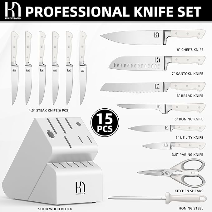 Kitchen Knife Block Set, 15-Piece Enduring Ultra Sharp Knife Set, Japanese High Carbon Stainless Steel, Premium Forged Knives for Kitchen and Professional Chefs, White