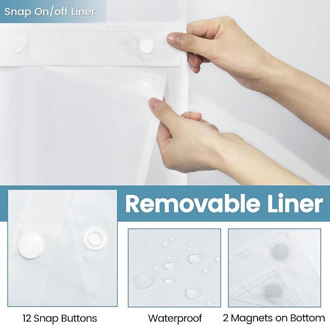 White No Hook Shower Curtain with Snap in Liner,230GSM Waffle Weave Shower Curtains for Bathroom,71W x 74H