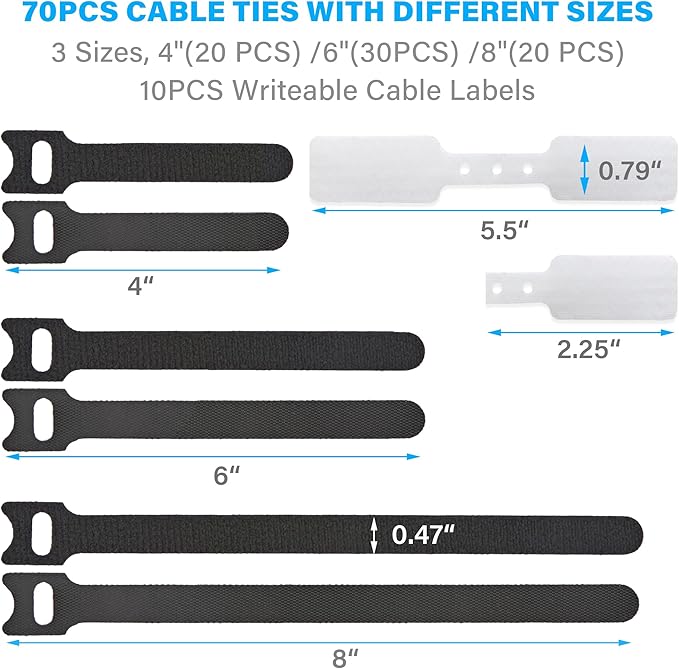 70 PCS Reusable Cable Ties with Hook and Loop, Multi-purpose Adjustable Cable Management Wire Ties & 10 PCS Cable Labels, Cord Organizer for Home, Office and Data Centers (4/6/8 Inch, Black)
