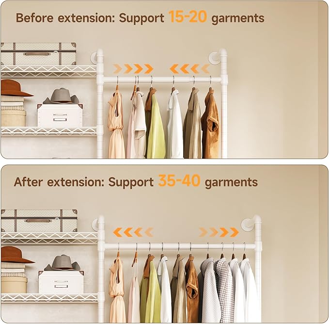 U5 Wall Mounted Closet System, Industrial Pipe Clothing Rack Garment Racks for Hanging Clothes, Heavy Duty Closet Organizers System in Wardrobe Closet, White