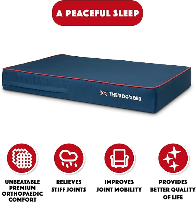 The Dog’s Bed Orthopedic Memory Foam Dog Bed, XL Blue Oxford with Red Trim UK Flag, Pain Relief for Arthritis, Hip & Elbow Dysplasia, Post Surgery, Supportive, Calming, Waterproof Washable