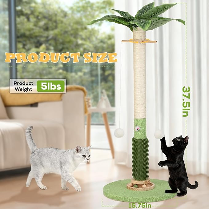 Cat Scratching Post,37.5'' Tall Sisal Cat Tree Scratching Post for Indoor Cat,Cat Scratcher with Cute Mouse Hole Toy,Interactive Ball and Rotating Ball Self Groomer Brush for Kittens Adults Cat