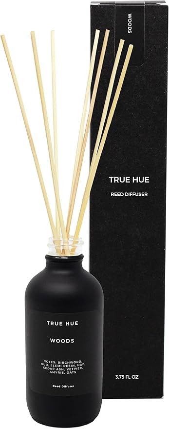 Luxury Reed Diffuser| True Hue | 3.75 fl oz | Glass and Rattan | Lasts for 2-3 Months | Fragrance Diffusers for Home | Handmade in USA (Woods)