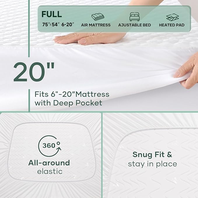 OhGeni 100% Waterproof Mattress Protector, Full Size Mattress Pad, Fits 6"-20" Mattresses with Deep Pocket, Cooling, Breathable Fitted Sheets, Soft Bed Cover, Noiseless, Machine Washable
