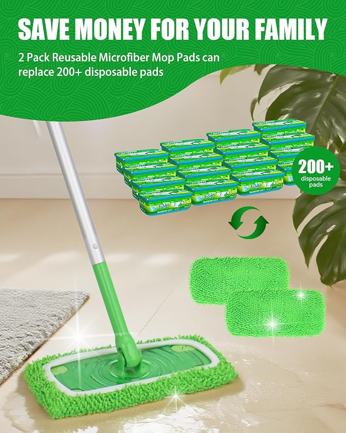 Reusable Microfiber Mop Pads Compatible with Swiffer Sweep & Mop Deluxe and Swiffer Sweeper, Dry Sweeping Cloths & Wet Mopping Cloths, Washable Wet Pads Refill for Hardwood Floor Cleaning, 2 Pack