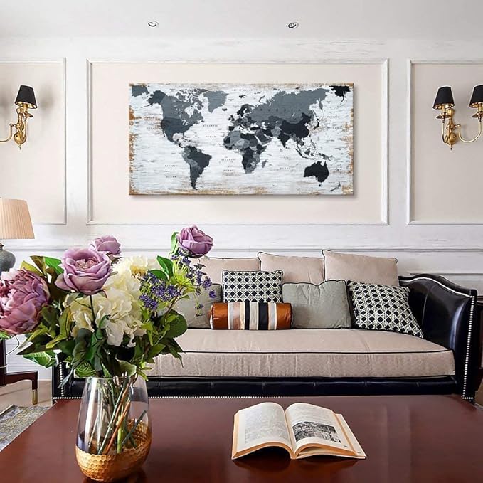 world map Canvas Wall Art Black Wall Decor Office Map of the world Pictures for Living Room Decoration Map Picture Framed Artwork for Home Bedroom Decoration 20"x40"
