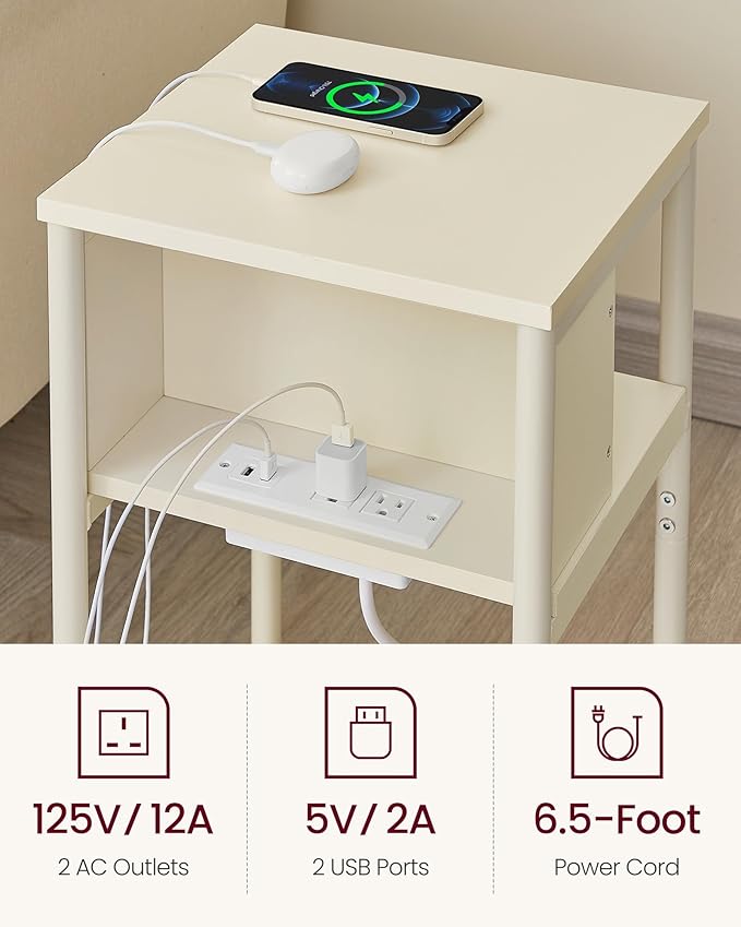 VASAGLE Side Table with Charging Station, 3-Tier End Table with USB Ports and Outlets, Nightstand for Living Room, Bedroom, 11.8 x 13.4 x 22.8 Inches, Plug-in Series, Cream White