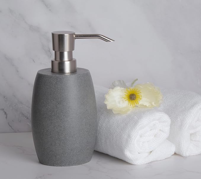 Sandstone Textured Resin Soap Dispenser with Metallic Pump and Waterproof Bottle Labels for Bathroom Kitchen Dish Hand Wash Shower Lotion Shampoo, 12 Oz, Gray