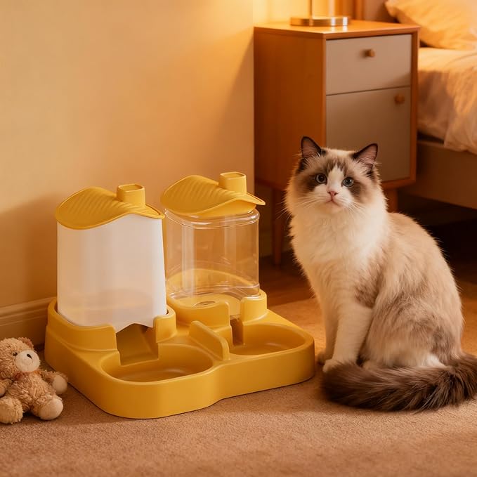 Automatic Cat Feeder, Dog Food and Water Bowl Set, Automatic Pet Feeder and Waterer Combo, 4L Cat Food Dispenser With, Gravity-Based Feeder for Cats and Small Dogs, No Need Electricity (Yellow)