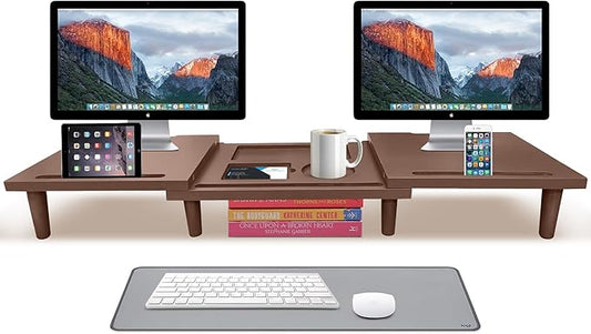 Dual Monitor Stand Riser - Solid Wood 3 Panels Laptop Riser with Storage for Phone/Mug - Home/Office Desk Organizer with Adjustable Length & Angle - Modern Computer Stand for PC, Laptop, & more (Brown)