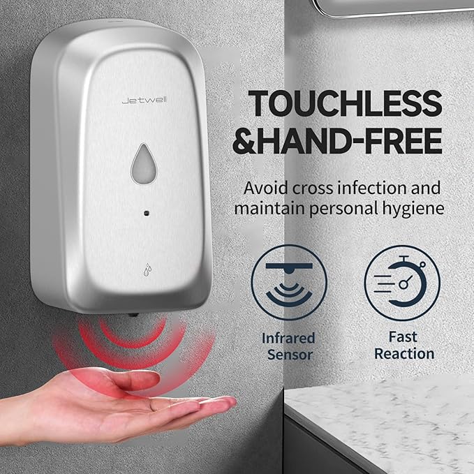 JETWELL Automatic Touch-Less Wall Mount Hand Soap Dispenser Liquid Drop Battery Operated, Brushed Stainless Steel Cover Large Capacity 34OZ/1000ML for Kitchen Home Commercial Bathroom