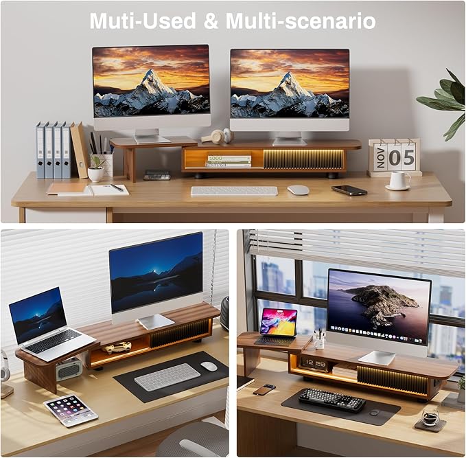 Artswish Wood Monitor Riser Stand with Charging Station & Light Strip, Adjustable Angle Dual Monitor Stand for Desk, Computer Desk Shelf with Sliding Door, Wooden Organization for Top of Desk, Walnut