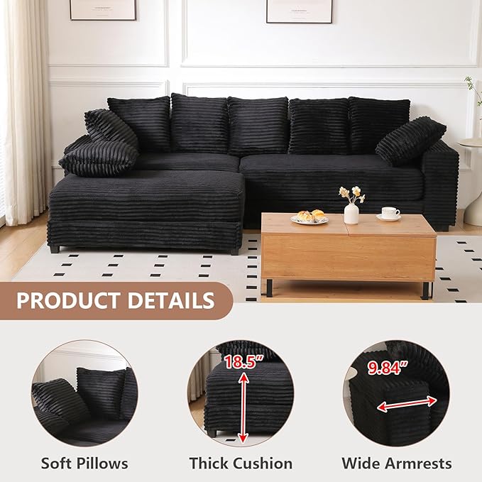 108" Oversized Sectional Sofa Modular Deep Seat Sofa Couch with Storage Ottoman, Comfy Upholstered Cloud Couches, Modern L-Shaped Corduroy Sofa Chaise with 8 Pillows for Living Room, Apartment, Black