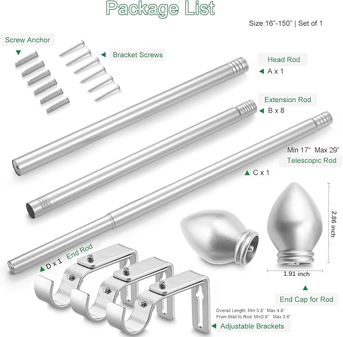 Curtain Rods for Windows 16 to 150 inches, Curtain Rod Max Adjustable Length to 158 in, Drapery Rod 1 inch Diameter with Modern Knobs Finials (Satin Silver, 16" to 150" - Set of 1)
