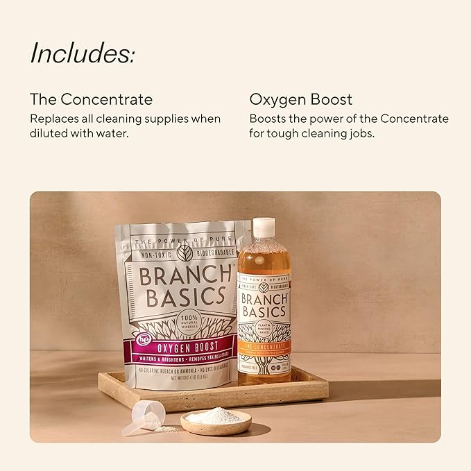 Branch Basics Concentrate (33.8 oz) + Oxygen Boost (2 lbs) | Multi-Surface All Purpose Cleaner Concentrate + Natural Stain Remover, Grout Cleaner | Human-Safe, Fragrance Free