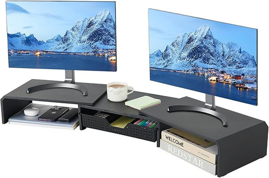 Dual Monitor Stand Riser with Drawer, Computer Stand for Desk, Workspace Desktop Stand, Desk Organizer for Computer, Laptop, TV and More (Black)