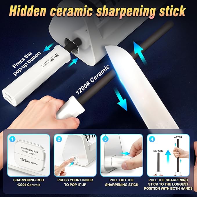 Professional Electric Knife Sharpeners with Diamond Abrasives and Precision Angle Guides, Multifunctional 4-Stage Slots and a hidden Knife Sharpener Rod, Suitable for various knives, scissors, axes ﻿