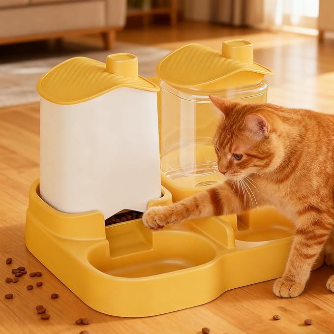 Automatic Cat Feeder, Dog Food and Water Bowl Set, Automatic Pet Feeder and Waterer Combo, 4L Cat Food Dispenser With, Gravity-Based Feeder for Cats and Small Dogs, No Need Electricity (Yellow)