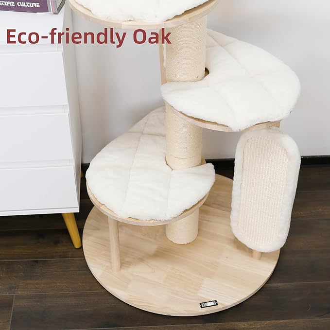 KAMABOKO Tall Modern Cat Tree, 53'' Cat Tower, Cat Tree for Indoor Cats Large Adult, Multi-Level Cat Scratching Post with 3 Imitation Rabbit Plush Padded Perches, Comfortable Pedal