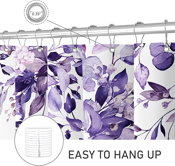 Extra Long Eucalyptus Shower Curtain 72 x 96 Inch, Purple Botanical Floor to Ceiling X-Long Shower Curtain, Watercolor Plant Leaves with Floral Decorative Bathroom Curtain with Hooks
