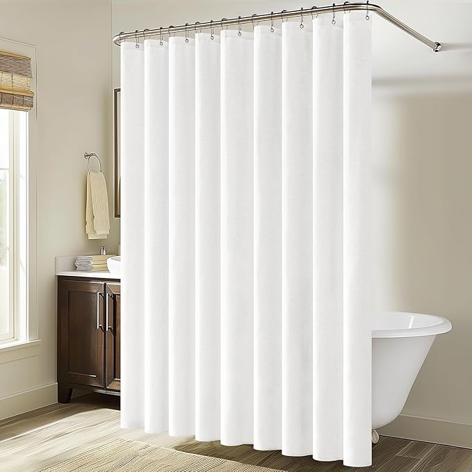 MIULEE Extra Wide Linen Shower Curtain with 18 Metal Hooks Washable Large Fabric Curtain Set Waterproof Neutral Thick Cloth Shower Curtains for Bathroom Hotel Bathtub, W108*L72, White