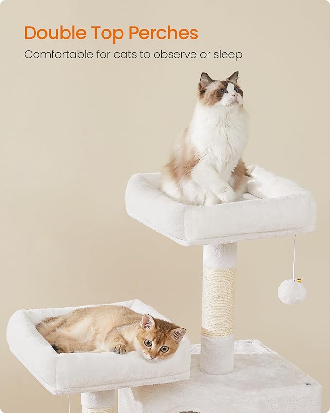 Feandrea Cat Tower, Cat Tree for Indoor Cats, 45.3-Inch Cat Condo with Scratching Post, Ramp, Perch, Spacious Cat Cave, for Kittens, Elderly Cats, Adult Cats, Small Space, Cream White UPCT141W02