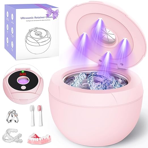 Ultrasonic Retainer Cleaner Machine 45khz Cleaning Pod for Denture Cleaner 200ml Mouth Guard, Aligner, Night Guard, Jewelry, 4 Cleaning Modes Digital Timer, Gifts for Women, Christmas Gifts, Pink