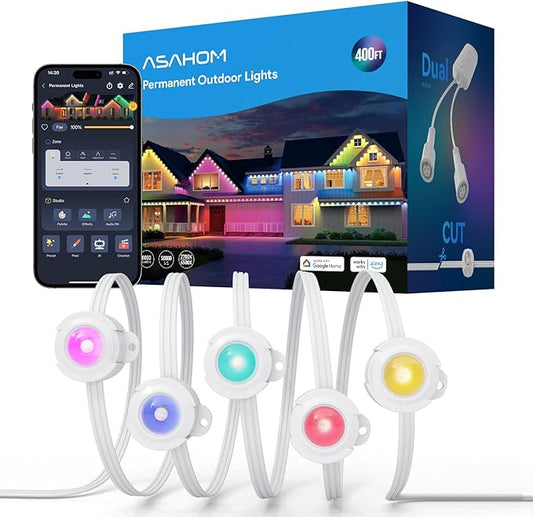 ASAHOM AI Permanent Outdoor Lights S107F, 400FT with 288 RGBCW LED Lights and Dual Output, 30,000 Lighting Effect Combination, IP67 Waterproof for House Christmas New Year and Daily Decoration, White