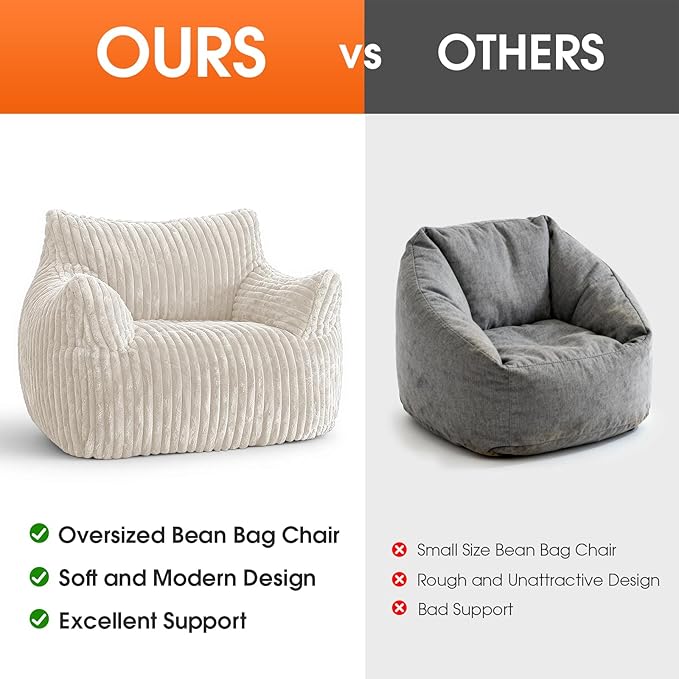 Giant Bean Bag Chair, Oversized Plush Comfy Bean Bag Sofa for Adults and Kids with Armrests, Memory Foam Mini Couch Single Lounges for Living Room, Bedroom & Game Room(Beige)