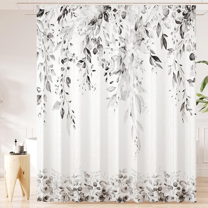 Grey Eucalyptus Leaves Shower Curtain for Bathroom:Aesthetic Art Watercolor Plant Shower Curtains Sets with Hooks,Waterproof Fabric Decor 72x72 inches.