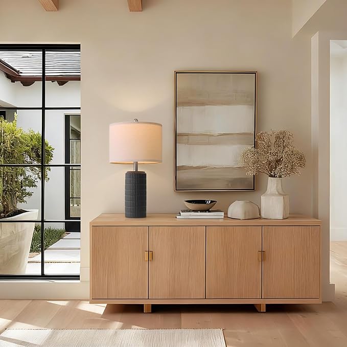 PoKat 23" Matte-Textured Ceramic Table Lamps Set of 2 for Bedroom, Stone-Like Modern Bedside Lamps for Night Stands, Farmhouse Nightstand Table Lamps Decor for Living Room End Table Black