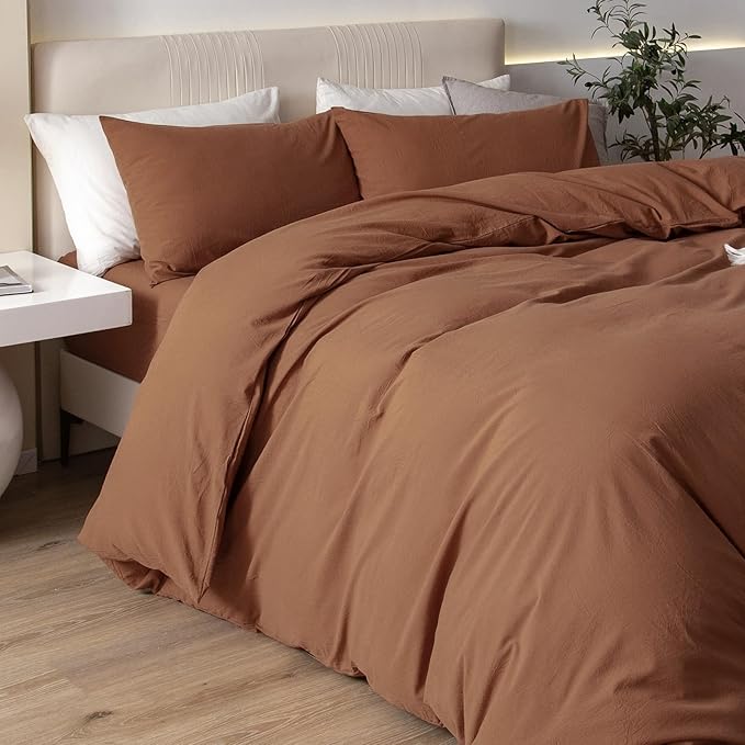 JIYUAN 100% Washed Cotton Duvet Cover Set 3 Pieces Oversized Queen, 1 Duvet Cover 98x98 Inches(Comforter Not Included) and 2 Pillowcases,Linen Feel Bedding Set Comfy and Breathable,Burnt Orange