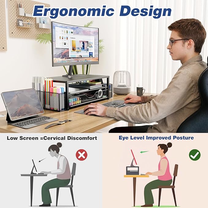 Desk Organizers and Accessories, 2-Tier Computer Monitor Stand Riser with Drawer and 2 Pen Holders, Laptop Stand, Office Desk Accessories & Office Decor for Women, Purple