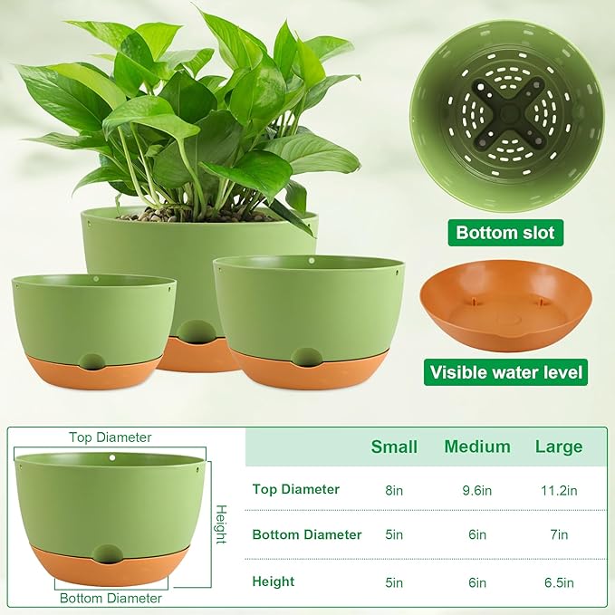 8/8/10/12 Inch Pots for Indoor Plants, 4 Pack Large Self Watering Planters with Drainage and Saucers, Plastic Outdoor Flower Pot(Green)