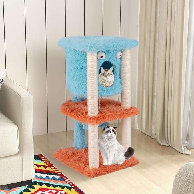 Tangkula Monster-Themed Cat Tree, 3-Level Cat Tower Activity Center with Large Cat Condo, Sisal Scratching Posts & Hanging Toys, Long Plush Cute Cat Tree Tower for Indoor Cats (34 Inch)