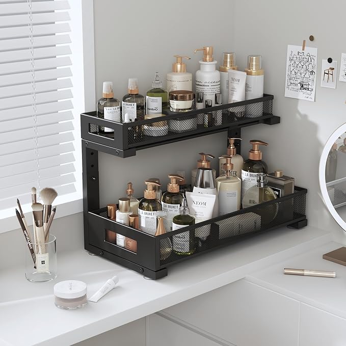 2 Pack 17IN Depth Under Sink Storage Organizer, Large 2-Tier Elegant Mesh Pull Out Shelf for Kitchen and Bathroom Cabinet Organization, L-Shaped and Adjustable Height Design-Black