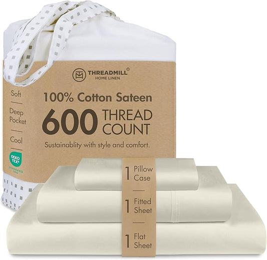 Threadmill Sheets for Twin Mattress | 600 Thread Count Twin Bed Sheets Set with 15” Deep Pocket | Sateen Weave 3-Piece Bedding Set with Cooling Effect | Taupe