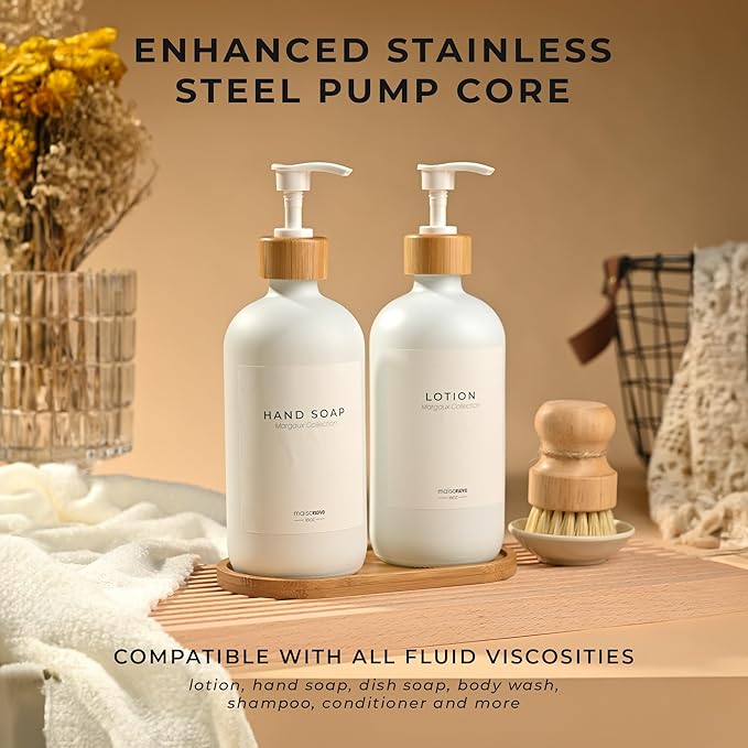 MaisoNovo Glass Soap Dispenser Bathroom Set | Hand Soap and Dish Soap Dispenser Set | 16.9oz White Bottles with White Bamboo Pump | Bathroom Lotion Dispenser with Pump Set of 2