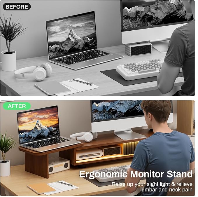 Artswish Wood Monitor Riser Stand with Charging Station & Light Strip, Adjustable Angle Dual Monitor Stand for Desk, Computer Desk Shelf with Sliding Door, Wooden Organization for Top of Desk, Walnut