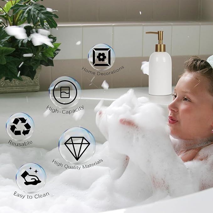 Natheeph 2PC 14OZ Ceramic Soap Dispenser Ceramic Soap Pump Dispenser Can Fill Liquid for Bathroom/Kitchen (White + Green)