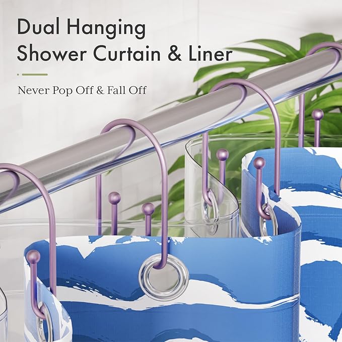 AmazerBath Shower Curtain Hooks, Purple Double Shower Curtain Hooks Rust Proof Non-Slip Shower Hooks for Shower Curtain, Sturdy Shower Curtain Rings Metal Shower Hooks Ring Bathroom 12Pcs