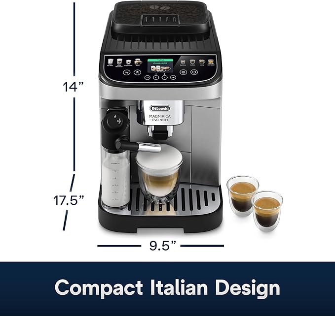 De'Longhi Magnifica Evo Next Fully Automatic Espresso Machine - Programmable Coffee Maker with Grinder and Milk Frother - Hot & Cold Brewer for Espresso, Latte, Cappuccino, Americano, Tea and More