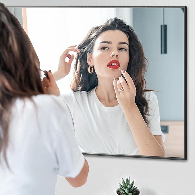 20x36 Inch Black Bathroom Mirror, Copper-Free Mirror, Aluminum Alloy Frame Vanity Mirror, Rectangle Wall Mounted Mirror, Modern Mirror for Bedroom/Living Room/Porch Horizontal or Vertical