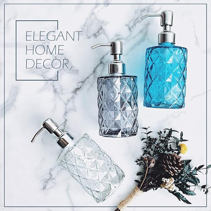 JASAI Diamond Design Glass Soap Dispenser with 304 Rust Proof Stainless Steel Soap Pump, 12 Ounce Kitchen Soap Dispenser for Bathroom, Hand Soap, Dish Soap (Grey)