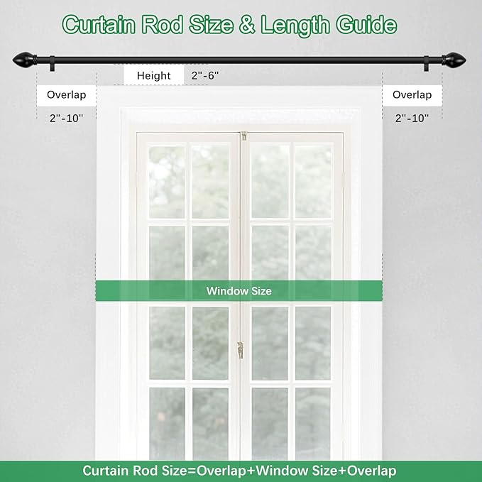 Curtain Rods for Windows 16 to 92 inches, Curtain Rod Max Adjustable Length to 104 in, Drapery Rod 1 inch Diameter with Modern Knobs Finials (Black, 16" to 92" - Set of 1)