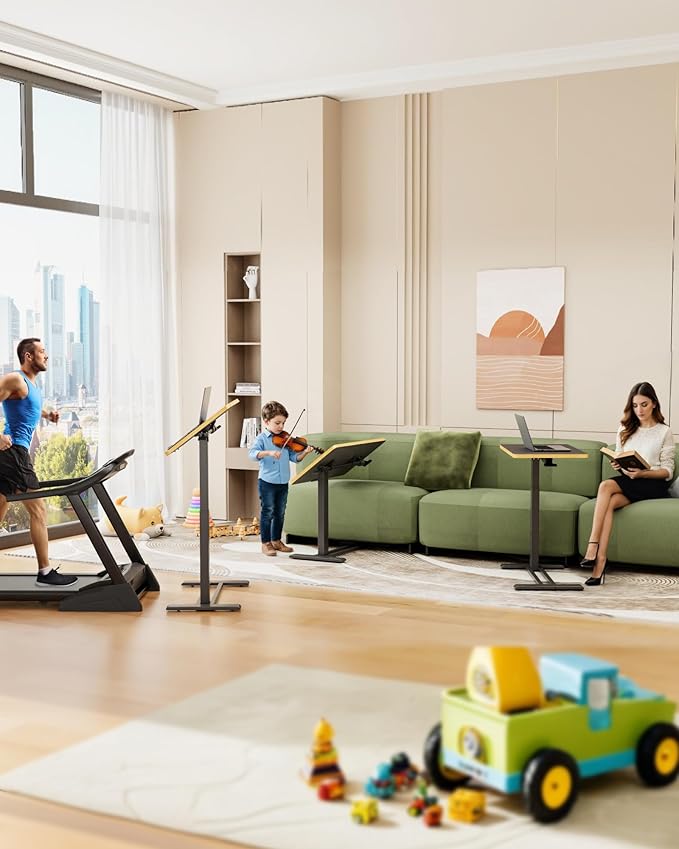 SANODESK Medical Adjustable Overbed Bedside Table with Casters 90° Tilt Top Pneumatic Mobile Rolling Laptop Computer Standing Desk Cart with Tray, Hospital and Home Use(31.5" W x 17.7" D, Black)