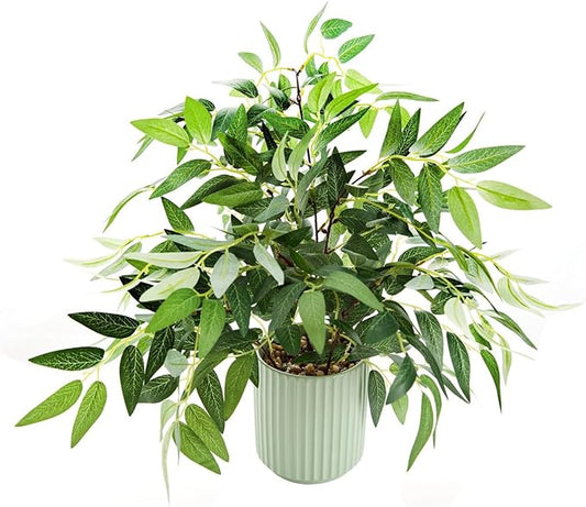 16" Artificial Willow Leaf Plant in Ribbed Ceramic Pot Lifelike Faux Potted Greenery for Indoor Home Office Table Shelf Living Room Bedroom Bathroom Decor
