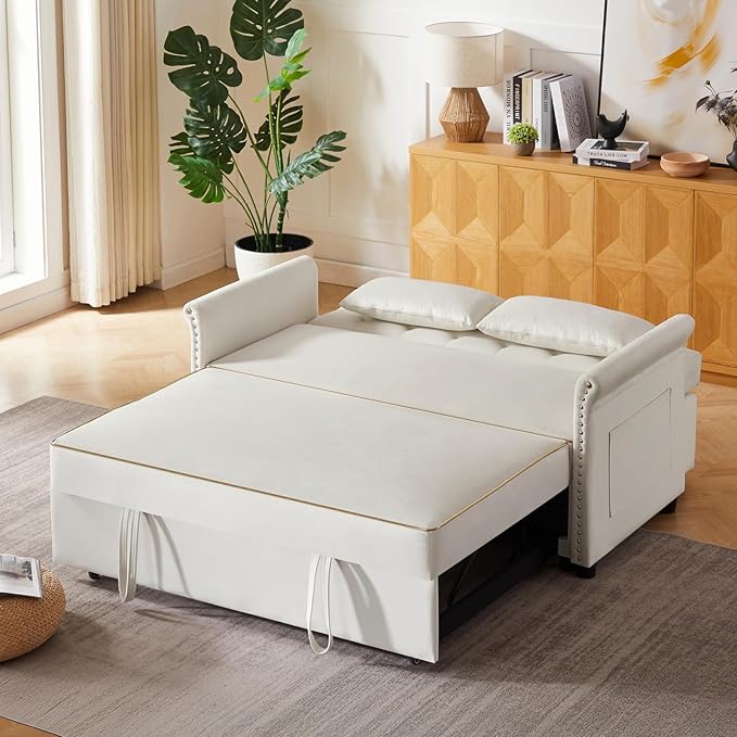 57'' Convertible Sleeper Sofa Bed with Adjustable Backrest, Chaise Lounge,2 Pillows & Side Storage Pockets – Stylish & Functional Furniture for Living Room or Small Spaces (White Sofa Bed)